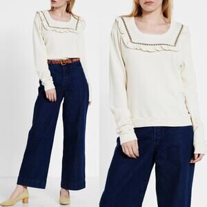 THE GREAT. NWOT Ruffle Floral Bib Cotton Sweatshirt Top in Cream Size M